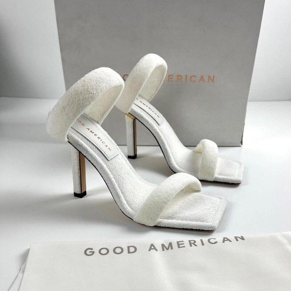 Good American Terry Towel Heeled Sandals White Square Toe Stiletto Size 9